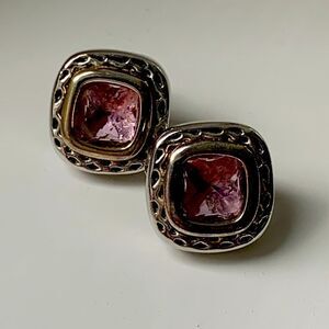 Balinese Style Earrings – Chunky Pink Gem, Silver & Gold Finish